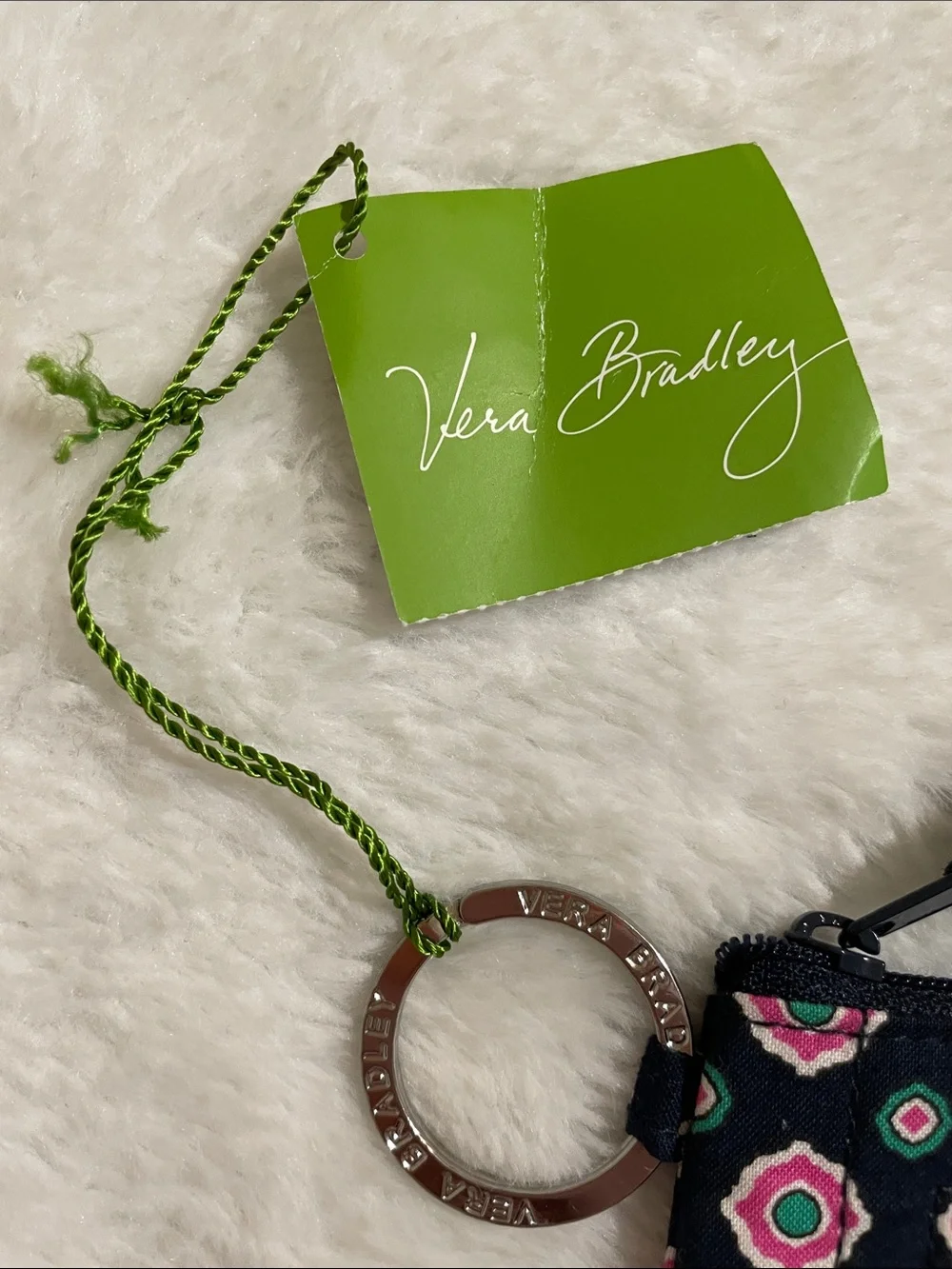 Vera Bradley Navy, Pink & Green Patterned ID Zip Coin Pouch with Key Ring - Picture 2 of 7